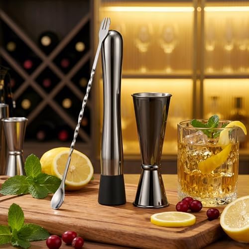 8 Inches Stainless Steel Muddler for Cocktails, Matching Jigger and Bar Spoon with Cocktail Muddler - 3 Pcs Drink Muddler for Cocktails
