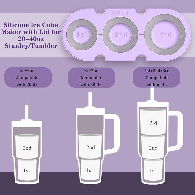 2PC Ice Mold for Stanley Cup 30/40 Oz - Easy Fill and Release Without Touching Ice, Silicone Ice Cube Tray with Clear Lid and Bin for Freezer, Whiskey, Cocktail (Purple+Purple)