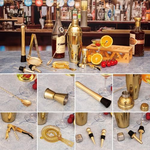 Cocktail Shaker Set Bartender Kit with Bamboo Stand,13 Piece Bar Set Stainless Steel Bar Accessories for Drink Mixing, Bar, Home, Party (Gold)