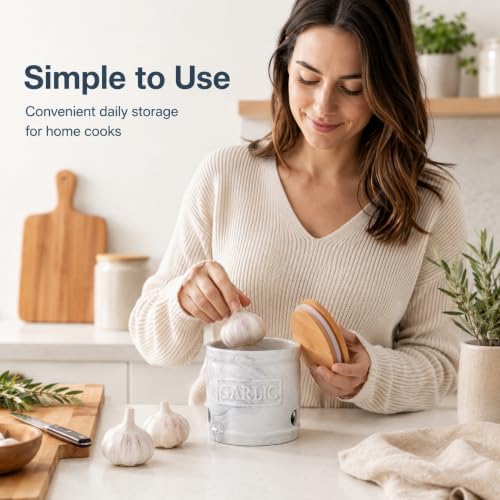 ONEMORE Garlic Keeper for Counter Ceramic Garlic Holder Countertop Storage Container with Lid - Marble Style Garlic Saver for Kitchen