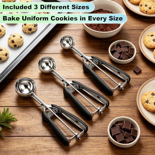 Engraved Sizes Cookie Scoops,Set of 3 Black Cookie Scoops for Baking