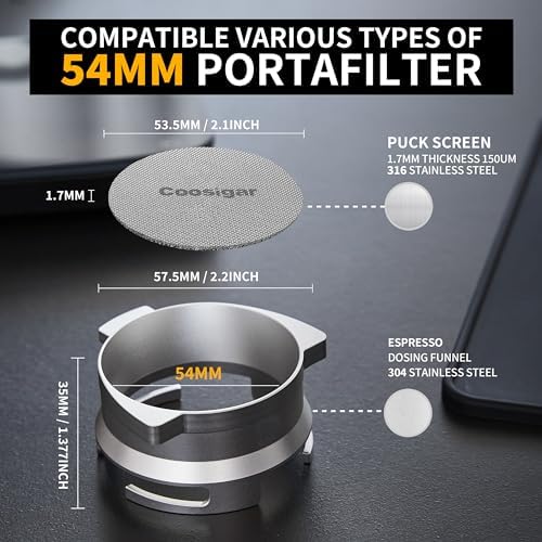 54mm Espresso Dosing Funnel and Puck Screen Set,Hands-Free portafilter funnel with Grinder Trigger.Fits Breville 54mm Portafilters.Reusable 1.7mm Stainless Steel Puck Screen(Silver)