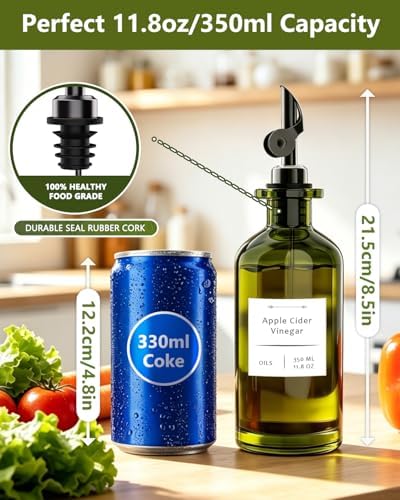 COOLMI Olive Oil Dispenser Set of 2, Dark Green Glass Bottles, 12 oz
