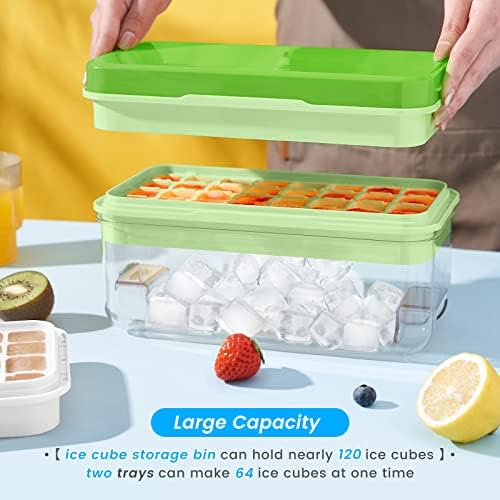PHINOX 1" Ice Cube Tray with Lid and Bin, Easy Release 64 Cubes for Freezer