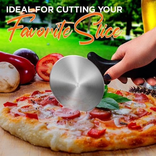 NutriChef 4-Inch Pizza Cutter Wheel - Sharp Stainless Steel Slicer with Built-in Finger Guard & Non-Slip Plastic Handle - Cuts Through Crusts, Bread, Pies, Dough, & More - Dishwasher Safe