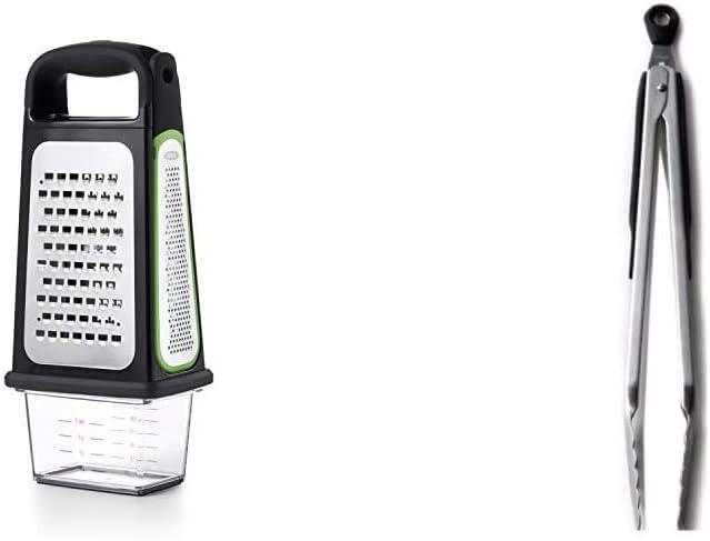 OXO Good Grips Etched Box Grater with Removable Zester + OXO Good Grips 12-Inch Stainless-Steel Locking Tongs Bundle