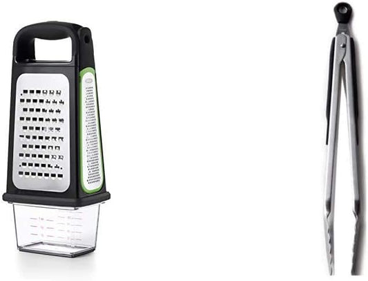 OXO Good Grips Etched Box Grater with Removable Zester + OXO Good Grips 12-Inch Stainless-Steel Locking Tongs Bundle