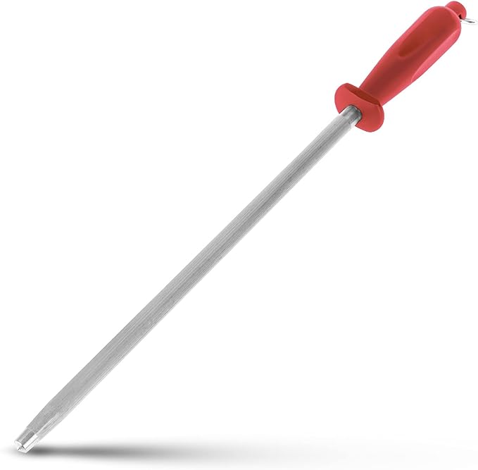Knives Sharpener Knives Sharpening Honing Rod ALLWIN HOUSEWARE Knives Carbon Honing Steel for Chef Knives Daily Edge Maintenance Non‑Slip Handle with Anti‑Slip Metal Tip for Kitchen Cooking Gift, Red