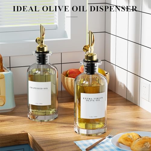 2 Pack Olive Oil Dispensers Bottle for Kitchen, Glass Cooking Oil Dispenser, Oil and Vinegar Dispenser Set with Weighted Pourer and 40 Labels, Gold 12 oz