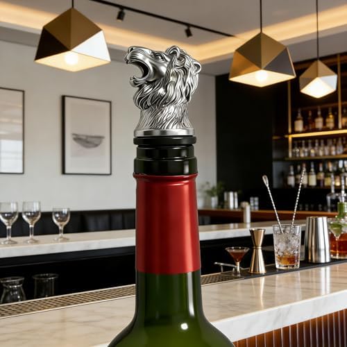 Lion Wine Pourer Aerator (Silver), Roaring Animal Bottle Pour Spout, Zinc Alloy Drip-Free Stopper Attachment for Men, Dad Gifts, Leo Zodiac, Bar Cart