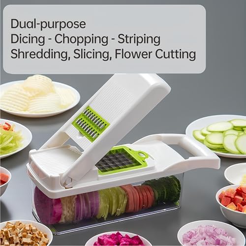 Blade All-in-One Vegetable Chopper, Mandoline Slicer, Dicer, Grater & Cutter – Compact, Durable, Easy-to-Use for Precise Meal Prep (White/Green)