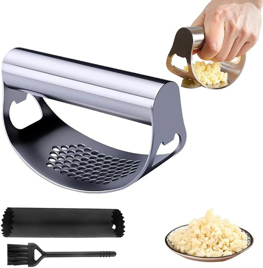 Stainless Steel Garlic Press Rocker, 2026 New Heavy Duty Ergonomic Garlic Crusher Tool with Peeler and Brush for Smash Garlic Built-in Bottle Opener - Easy Kitchen Gadget for Home Cooks (1PC)