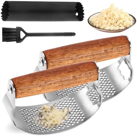 Garlic Press Rocker, 2025 New Manual Stainless Steel Garlic Presser Rocker, Crusher Masher with Garlic Peeling Drum Brush for Home Kitchen Utensils (2)