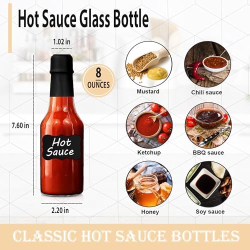 Clear Glass Hot Sauce Bottle (woozy) with Black Cap and Orifice Reducer 8.5 oz - (6 Pack) - Empty Wine Bottles with Shrink Capsules Bands, Labels, Silicone Collapsible Funnel and Chalk Marker Included