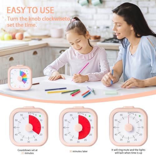 Visual Timer for Kids 60 Minute Countdown Timer Rainbow Square Desktop Timer for Classroom Study Office Kitchen with Silent Operation (Pink)
