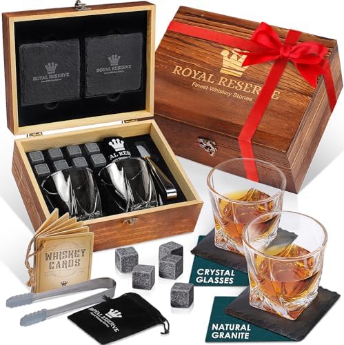 Whiskey Glasses Gift Set for Men, 2 Crystal Bourbon Glasses & Stones