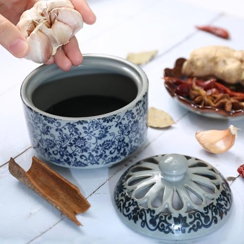 Garlic Keeper for Counter - Ceramic Garlic Storage with Breathable Lid, Countertop Holder, Jar, Pot, Cellar, Bowl, Saver, Container for Kitchen (4 inch)