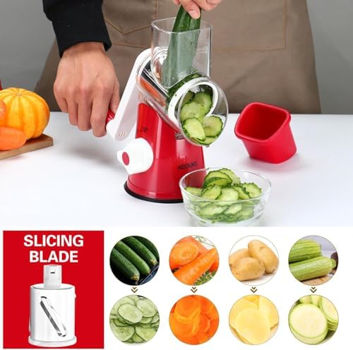 Cambom Rotary Cheese Grater Hand Crank Cheese Shredder for Fresh Cheese, Vegetable, Nuts,Non-slip Suction Base，Three Blades,Red