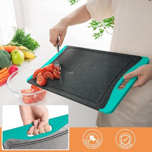 Extra Large Cutting Boards, Plastic Cutting Boards for Kitchen (Set of 3) Cutting Board Set Dishwasher Chopping Board with Juice Grooves Easy-Grip Handles, Turquoise, Empune