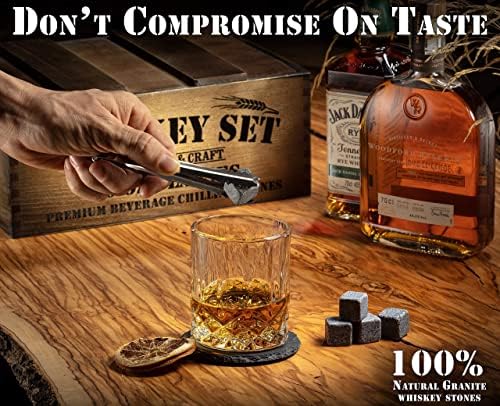 Mixology & Craft Whiskey Gift Set, Whiskey Glass Set with Rustic Wooden Crate, 8 Granite Whiskey Rocks Chilling Stones, 10oz Crystal Glasses | Great Holiday, Secret Santa or White Elephant Gift