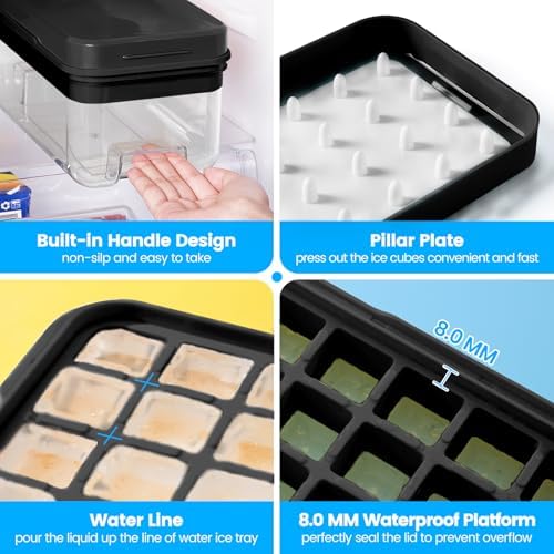 PHINOX 1" Ice Cube Tray with Lid and Bin, Easy Release 64 Cubes for Freezer