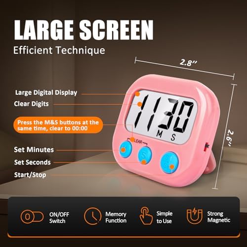 AOUCE Digital Kitchen Timers for Cooking, Timer for Kids 6 Pack Pink