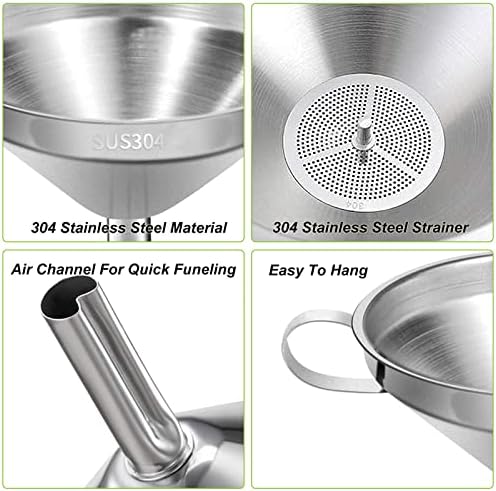 Stainless Steel Kitchen Funnel, 4.3-Inch Food Grade Metal Funnel with Strainer for Filling Bottles, Transferring Liquid, Oil, Juice, Milk