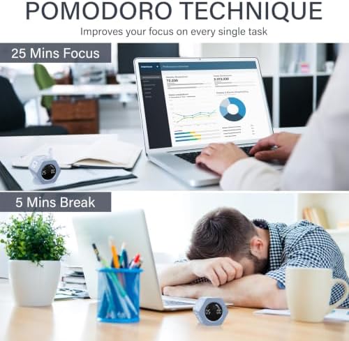 Rotating Productivity Timer 5, 25, 10 30,60 Mins Preset Stopwatch, Desk Flip ProductivityTimer, ADHD Tool Hexagon, Vibration/Mute/Alarm, for Work, Study, Back to School, Kitchen, Blue