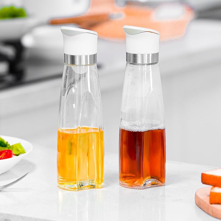 Premium Glass Olive Oil and Vinegar Dispenser Bottles Set, 2-Piece 16oz Kitchen Cooking Cruet with Auto-Open Lid, Non-Drip Pouring Spout, Oil Infuser Filter, Dishwasher Safe