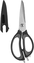 Farberware 4-in-1 Kitchen Shears with Sheath, High-Carbon Stainless Steel Scissors with Bottle Opener, Jar Opener and Screwdriver, Grey and Black Ergonomic Handle
