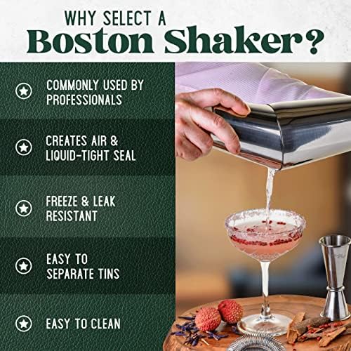 Mixology & Craft Boston Shaker Set with Weighted Martini Shakers | Cocktail Shaker Set Includes Strainer and Japanese Jigger | Great Gift Bar Set with Exclusive Recipe Cards | Leak-Proof (Silver)