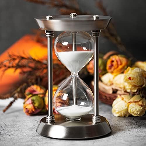 AKAKA MUNING 60 Minute Hourglass Sand Timer Metal Frame Silver, White Sand