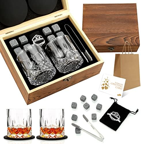 Whiskey Stones and Whiskey Glasses Set, Unique Gifts for Men with Wood Box