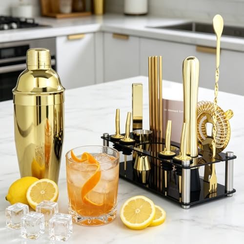 14-Piece Cocktail Shaker Set with Stand, Bartender Kit, 25oz Shakers, Bar Set Cocktail Shaker Set, Jigger for Bartending Kit, Drink Mixer Set, Cocktail Set Recipes Booklet Home, Bar, Party (Gold)