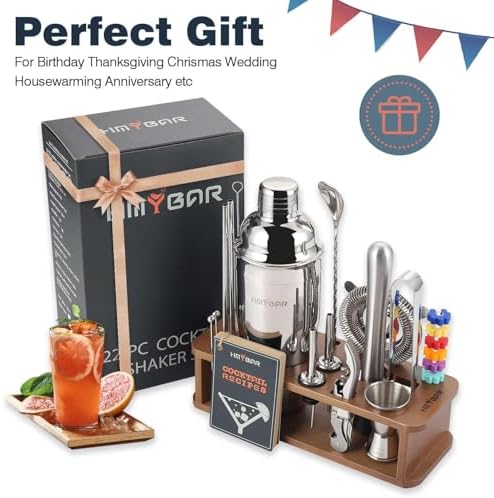 HMYBAR® 22-Piece Cocktail Shaker Set, Mixology Bartender Kit with 24oz Cobbler Shaker, Home Bar Tool Set with Brown Bamboo Stand, 39 Recipe Cards, Glass Markers, Gift for Men & Dad
