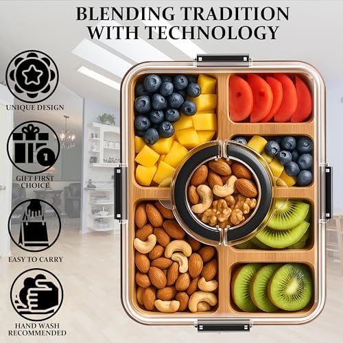 Charcuterie Board with Clear Lid and Handle, 6-Compartment Portable Serving Tray, 11 x 14 Inches, Plastic and Bamboo, Housewarming Gift, Cutting Board, Cheese Board for Serving and Outdoor Dining