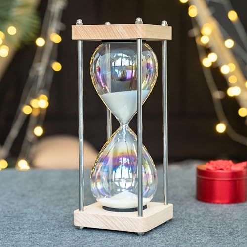 Large 60-Minute Hourglass Sand Timer,Pastel Macaron Glass & Natural Oak Wood Base, Modern Minimalist Office Home Desktop Decor (Macaron White)