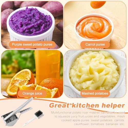 Potato Ricer, Heavy Duty Stainless Steel Press and Mash Kitchen Gadget for Mashed Potatoes, Creamy Mashed Vegetables Spaetzle Maker with 6-in-1 Multi-functional Peeler