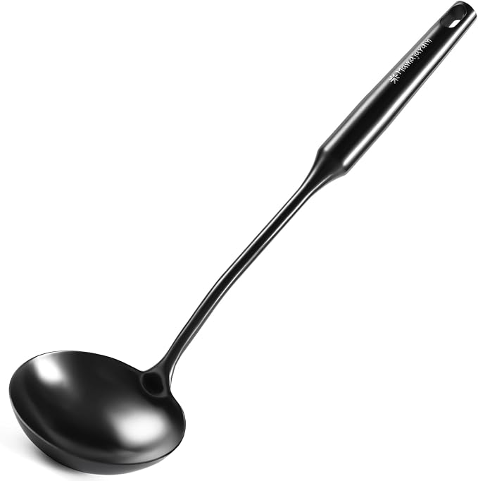Stainless Steel Ladle - 13.8" Large Metal Ladel，Perfect Gifts | Durable Kitchen Soup Ladle for Cooking, Serving, Stirring, Canning，Sauce, Wok & Soup，Black,