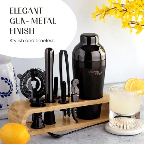 Mixology & Craft Cocktail Shaker Set with Bamboo Stand - Professional 10-Piece Bartender Kit, Complete Bar Set for Home Use with Jigger, Muddler, Strainer, Spoon, Pourers & Corkscrew (Gunmetal)
