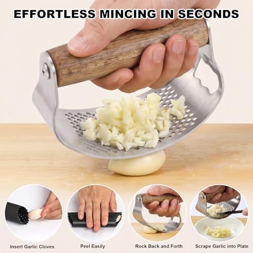 Garlic Press Stainless Steel, 2-in-1 Garlic Press & Bottle Opener with Ergonomic Wooden Handle, Includes Silicone Peeler, Cleaning Brush for Effortless Chopping of Garlic and Ginger