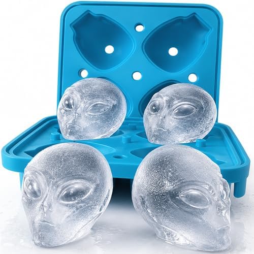 ZENWARE Alien Ice Cube Mold –4 Large 3D Alien Head Ice Cubes (2.32") for Whiskey & Cocktails, Spill-Free Lid, BPA-Free Silicone Tray for Chocolate, Gummies & Resin – Unique Sci-Fi Gift & Bar Accessory