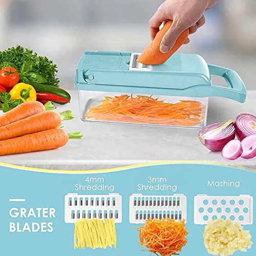 Bohai Food Chopper Vegetable-Fruit-Cheese-Onion Dicer Tomato Cutter Grater 12 in 1 Veggie Spiralizer Salad Potato Slicer with Container Multi-function Kitchen Aid Carrot Light Blue