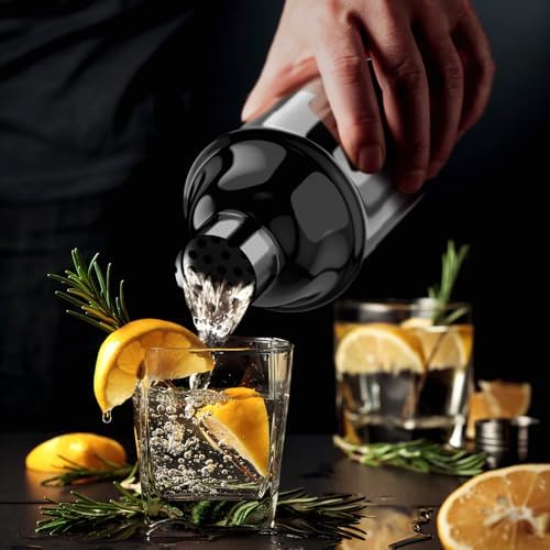 IOV Cocktail Shaker Bar Set, 24oz Martini Shaker with Built-in Strainer, Bar Tool Kit with Recipes Booklet, Professional Stainless Steel Large Bartender Drink Shaker Margarita Alcohol Mixer-Black