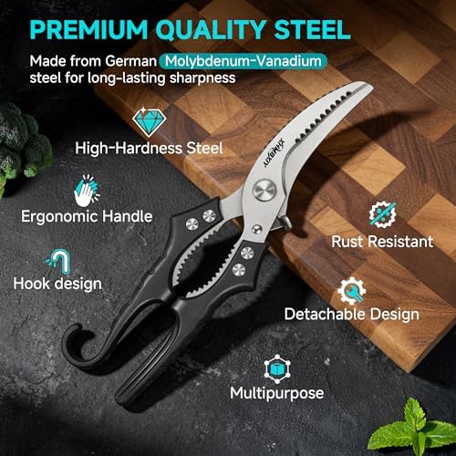 Heavy Duty Poultry Shears, Molybdenum-Vanadium Steel Kitchen Scissors for Chicken Bone and Meat, Ergonomic Non-Slip Handle with Spring Loaded & Safety Lock, Sharp Food Shears for Kitchen