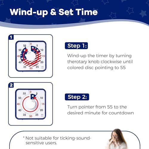TWENTY5 SEVEN Countdown Timer 7.5 inch; Patriotic 60 Minute 1 Hour Visual Timer, Classroom Teaching Tool Office Meeting, Mechanical Magnetic Countdown Clock for Kids Exam Time Management, Blue