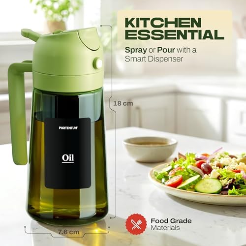 PORTENTUM Olive oil spray bottle for cooking 16oz/470ml 2 in 1 spray and pour function – Anti drip green glass bottle dispenser with light protection – Multilingual labels – Air fryer salads grilling