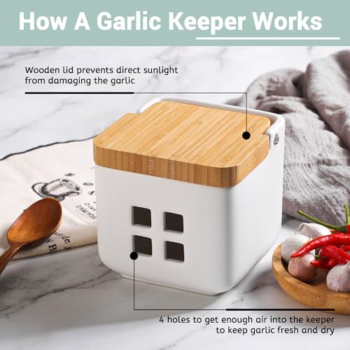 RQYIXI Ceramic Garlic Keeper with Bamboo Lid, Ventilated,White
