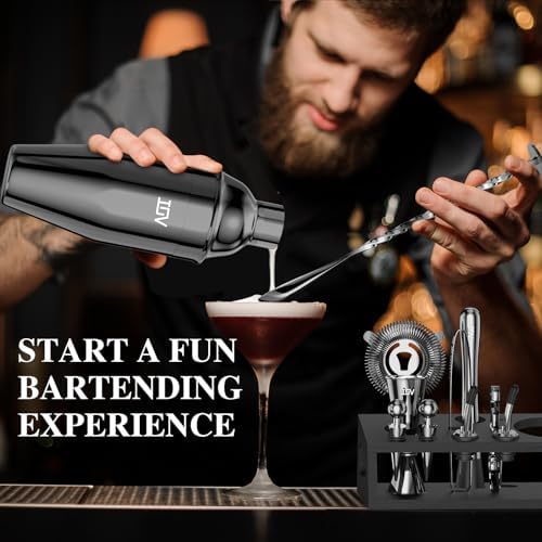 IOV Mixology Bartender Kit With Stand | 12-Piece Cocktail Shaker Set | 24oz Martini Shaker Set For Drink Mixing | Bar Set Includes All Bar Tools And Recipe Booklet | Fun Housewarming Gift (Black)