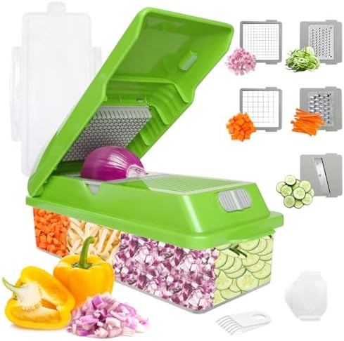 Veggie Chopper with Container, 7 in 1 Manual Food Chopper Cutter, Green